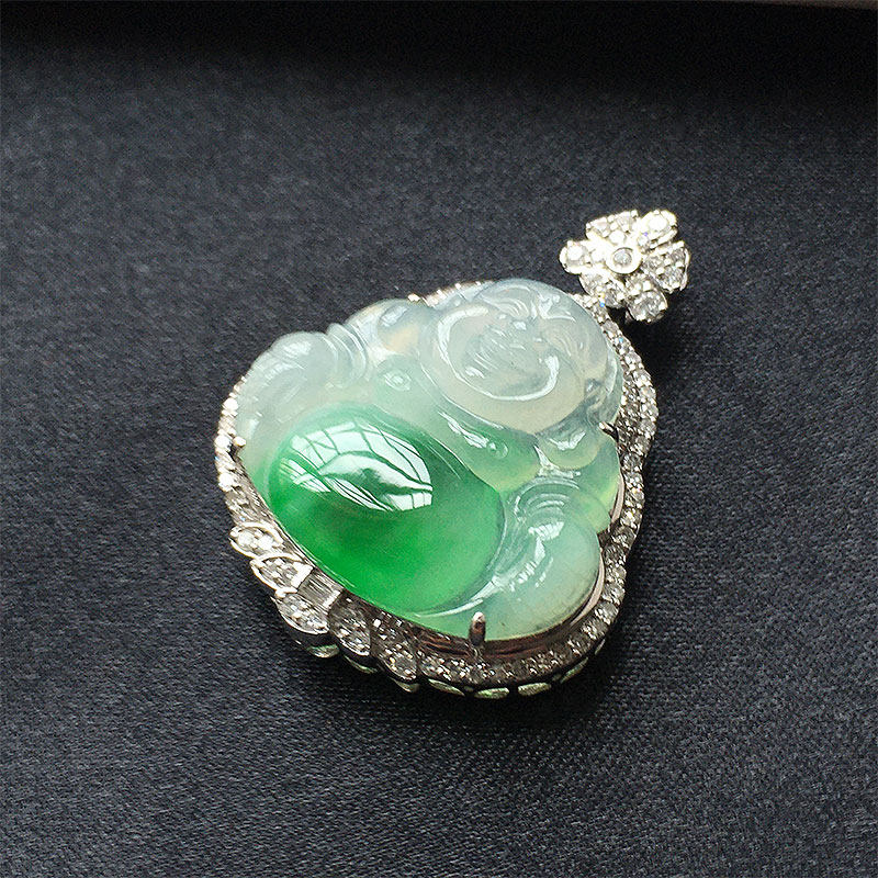 缅甸翡翠冰种翠绿色玉佛公吊坠18K金女款玉佛冰透阳绿佛挂件