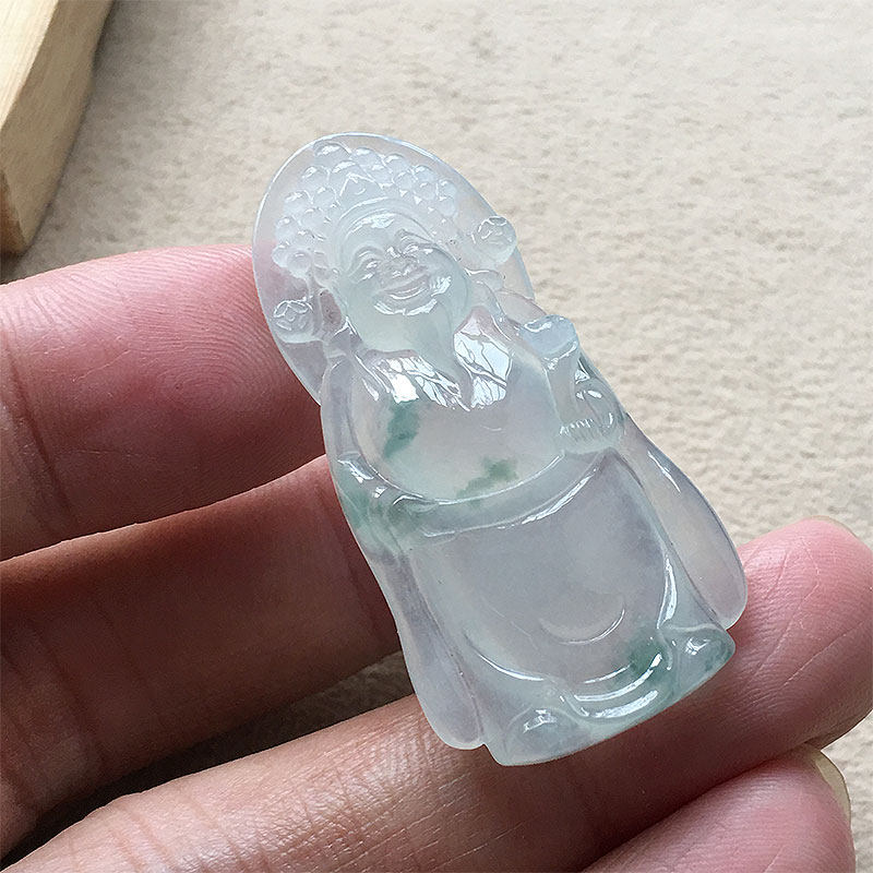 缅甸翡翠冰种飘蓝花玉财神吊坠老种a货冰透水润玉花挂件精雕神仙