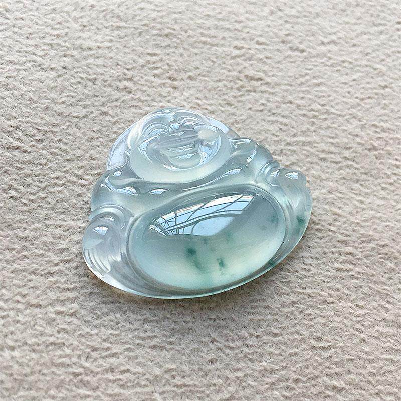 缅甸翡翠高冰种飘蓝花玉佛公吊坠女款老种a货冰透起光保平安佛