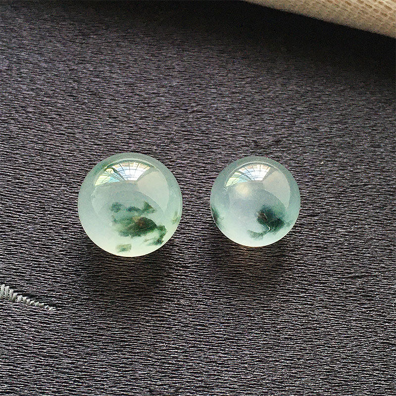 缅甸翡翠冰种飘蓝花玉珠子配珠卡9.5mm老种a货冰透圆珠一对高档珠