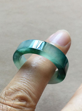 缅甸翡翠蓝水冰种飘蓝花大圈指环戒指男款22mm老种a货冰透戒28号