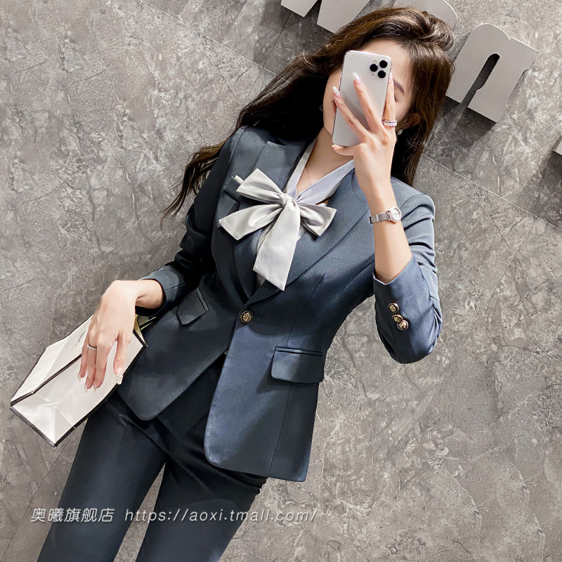 灰色职业套装女早秋新款简洁纯色修身显瘦商务通勤公务员行政工装