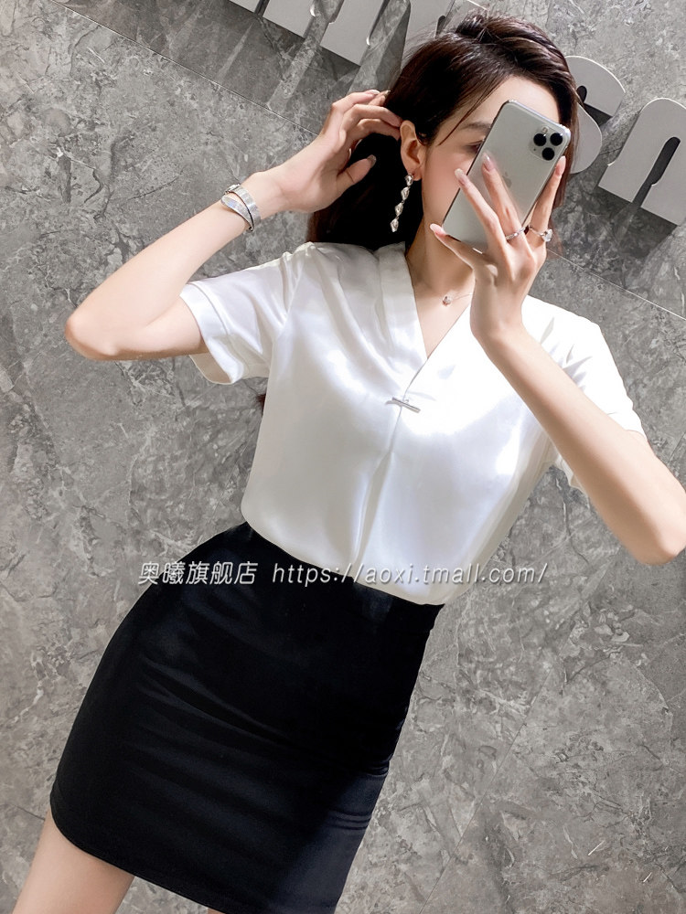 白色雪纺衬衫女V领2024新款夏季小个子气质职业衬衣套装工作服