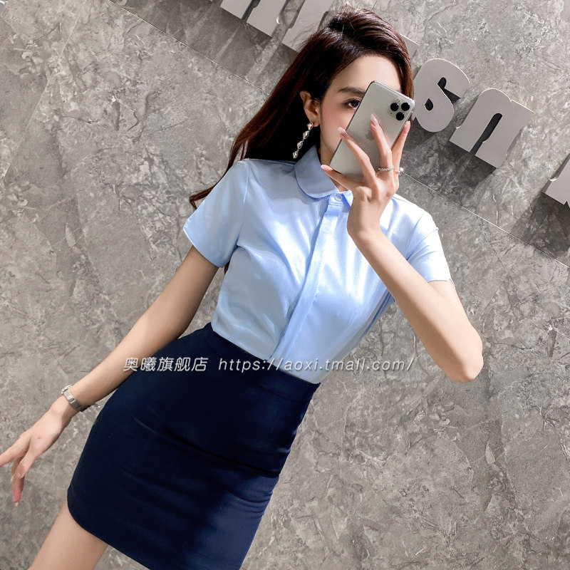 蓝色娃娃领衬衫女2024新款夏气质职业装前台售楼部工作服衬衣工装