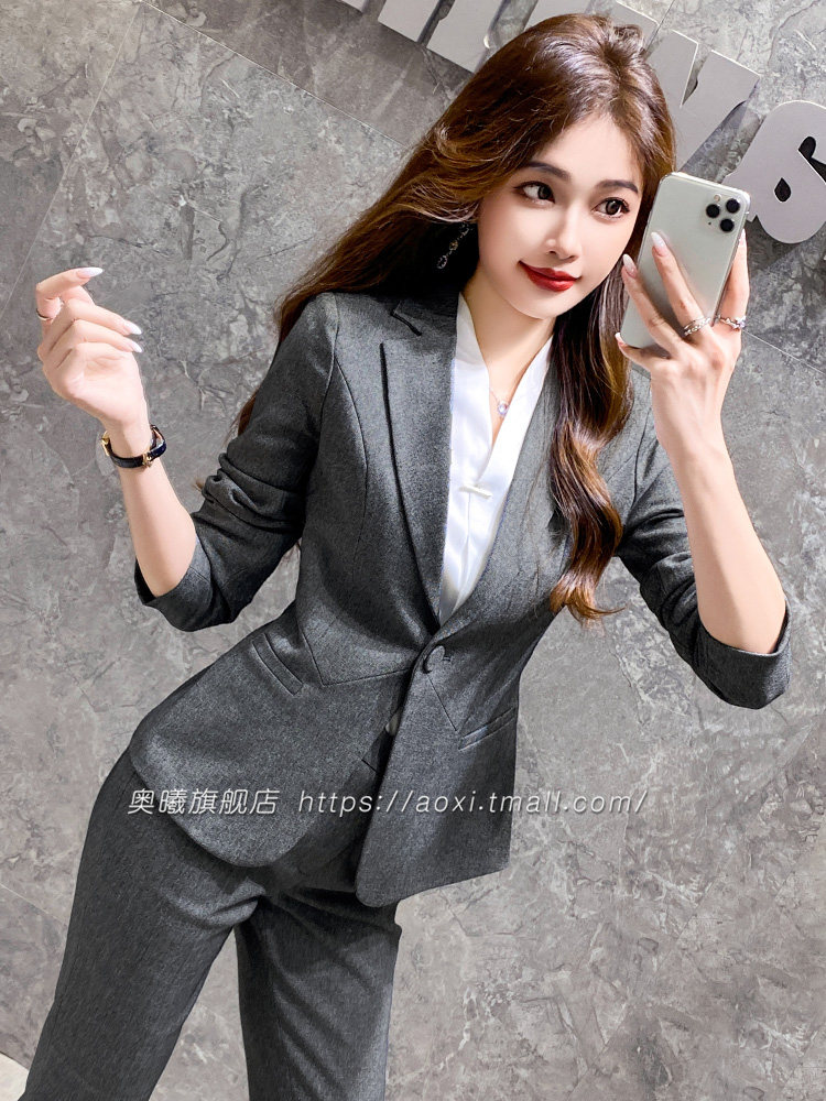 灰色职业西装套装女春秋2024新款播音主持人正装西服外套工作服
