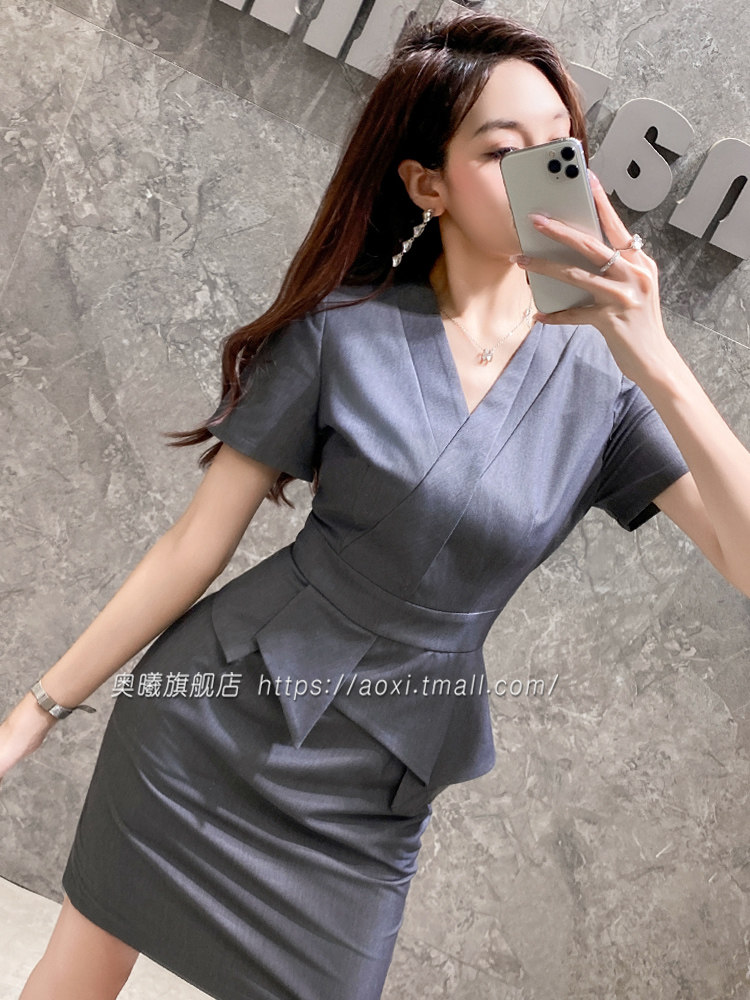 灰色职业装连衣裙女夏季包臀气质修身美容院珠宝店工作服短袖裙子
