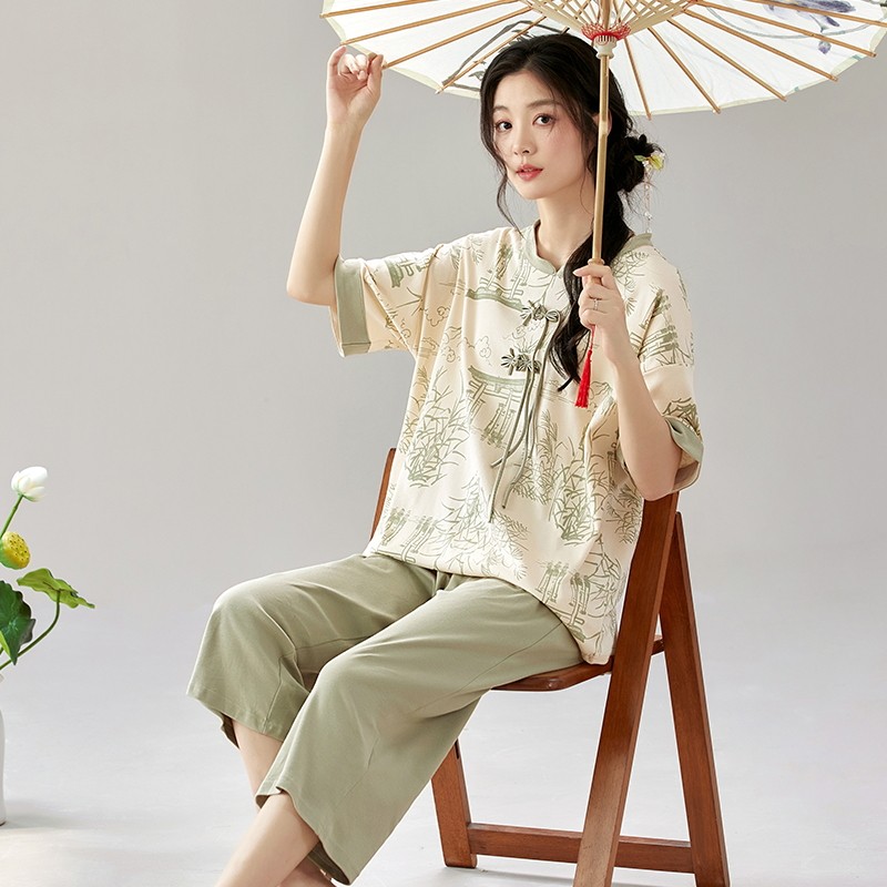 新潮国风睡衣女夏季短袖七分裤古韵时尚套装休闲可外穿家居服女生