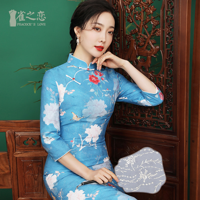 雀之恋 春秋复古文艺旗袍气质显瘦修身改良中长款棉麻旗袍