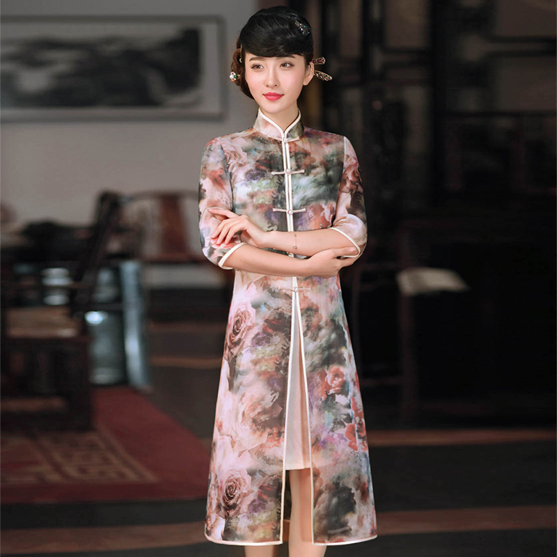 崔万志中国风唐装复古修身改良两件套真丝旗袍连衣裙女