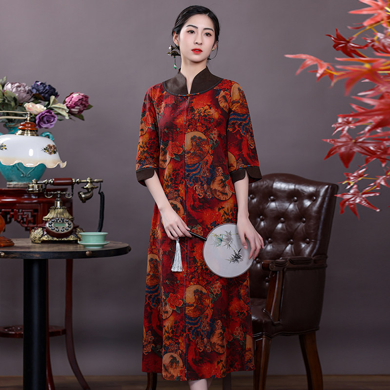 雀之恋旗袍 春夏复古香云纱旗袍裙七分袖宽松旗袍连衣裙女