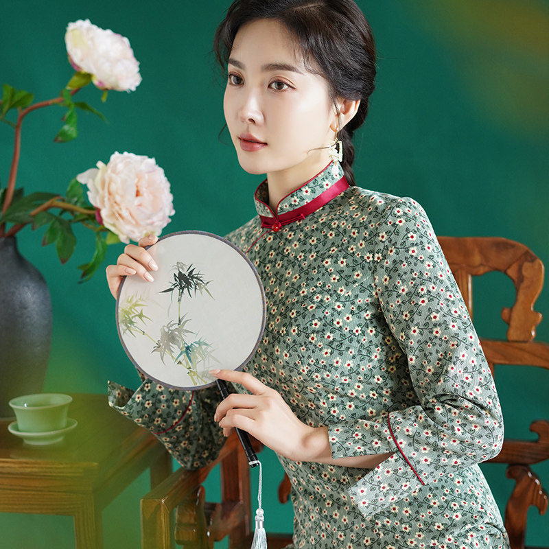 雀之恋 春秋复古优雅修身旗袍年轻款长袖旗袍改良版连衣裙