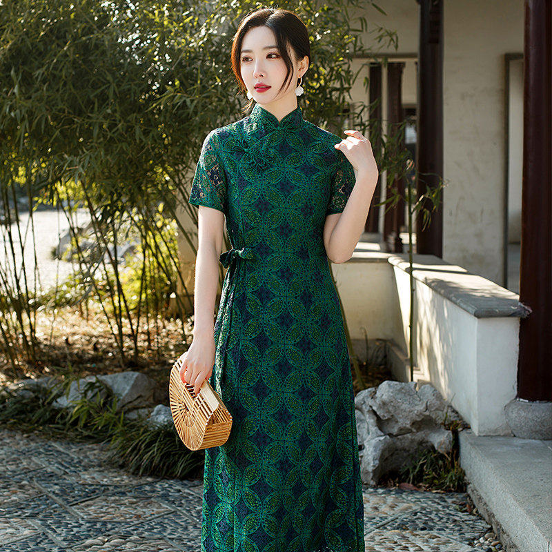 雀之恋 春夏复古中长款改良版蕾丝旗袍显瘦连衣裙妈妈装