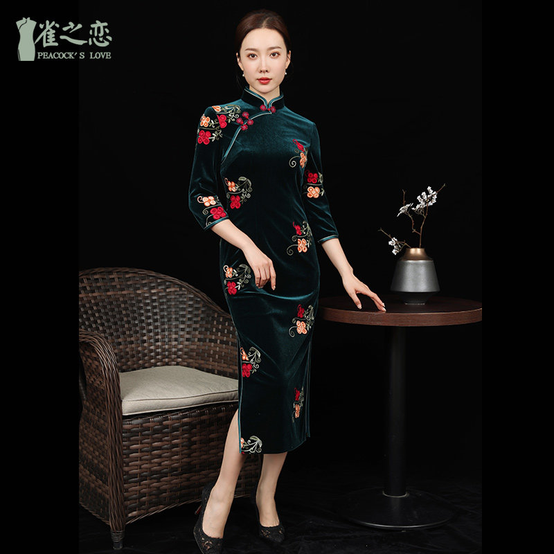 雀之恋春装改良复古长款丝绒旗袍连衣裙优雅妈妈装