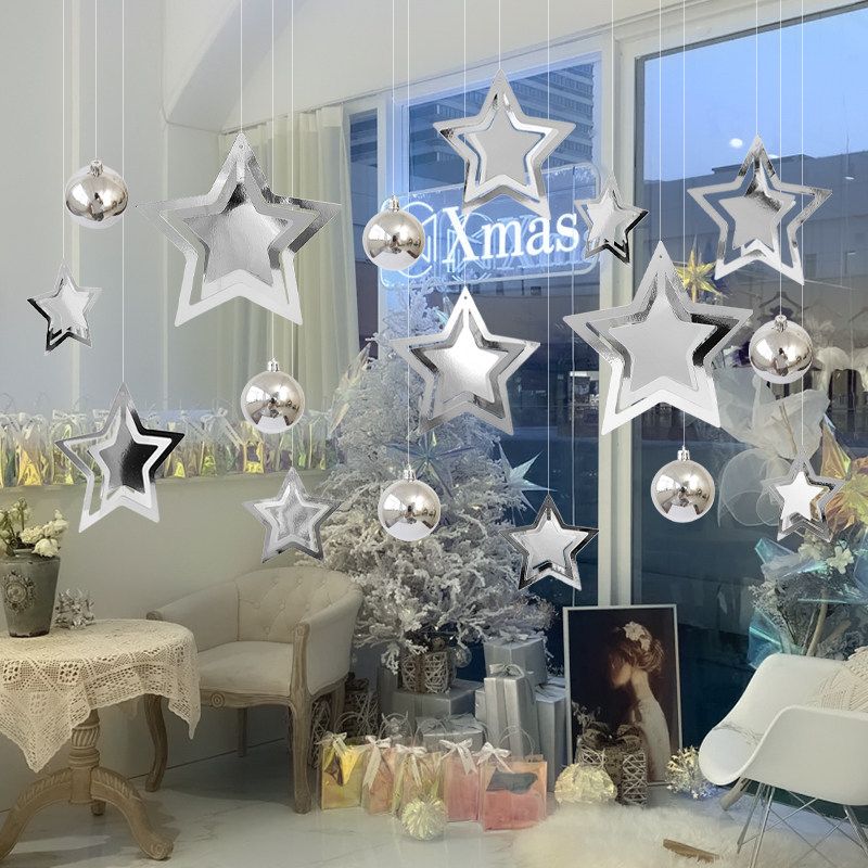 劳动节装饰挂件空心球亮光球镜面五角星挂件商场室内节日场景布置