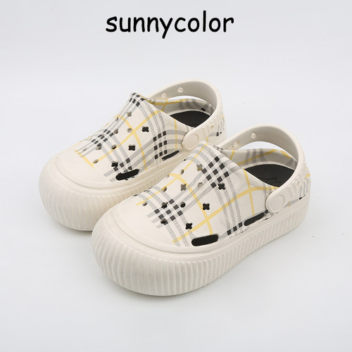 SUNNYCOLOR厚底休闲格子洞洞鞋