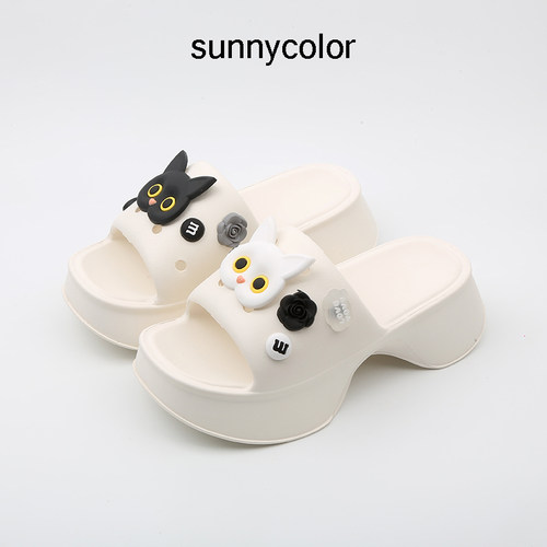SUNNYCOLOR厚底黑白猫凉拖鞋