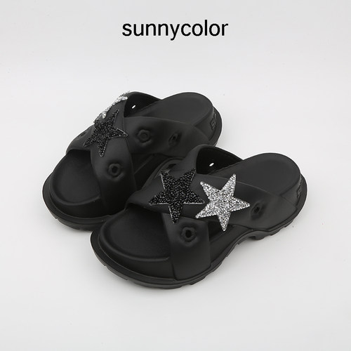 SUNNYCOLOR厚底五角星交叉凉拖鞋