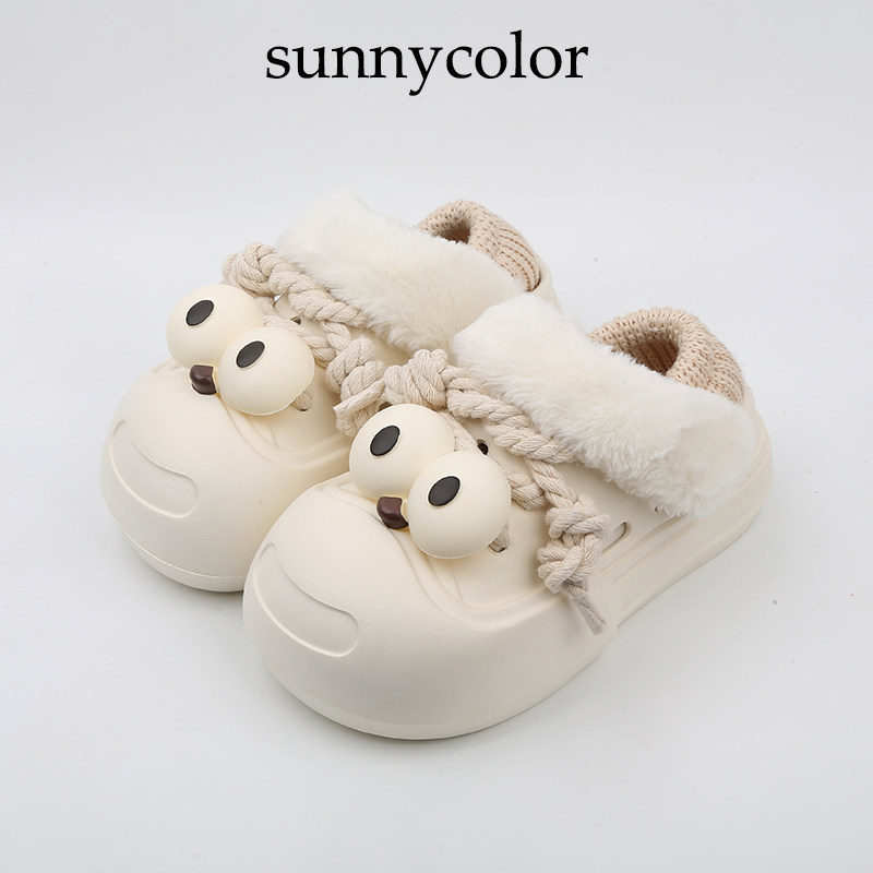SUNNYCOLOR可爱呆萌大眼加绒洞洞鞋女冬季包跟外穿保暖厚底棉拖鞋,女鞋,包头拖,淘宝优惠券,粉丝福利购,淘宝优惠卷