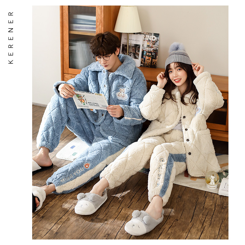 冬季保暖三层珊瑚绒夹棉睡衣套装