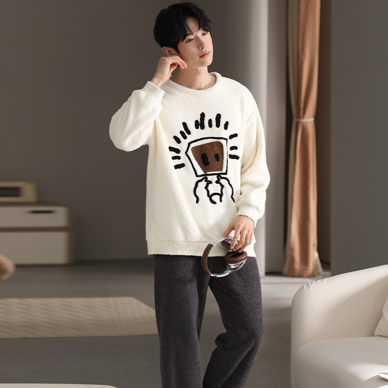 可人儿冬季保暖男士半边绒睡衣加厚保暖珊瑚绒男款秋冬家居服套装