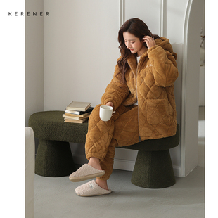 可人儿睡衣女冬季三层雪花绒夹棉保暖加厚加绒长款家居服棉袄套装