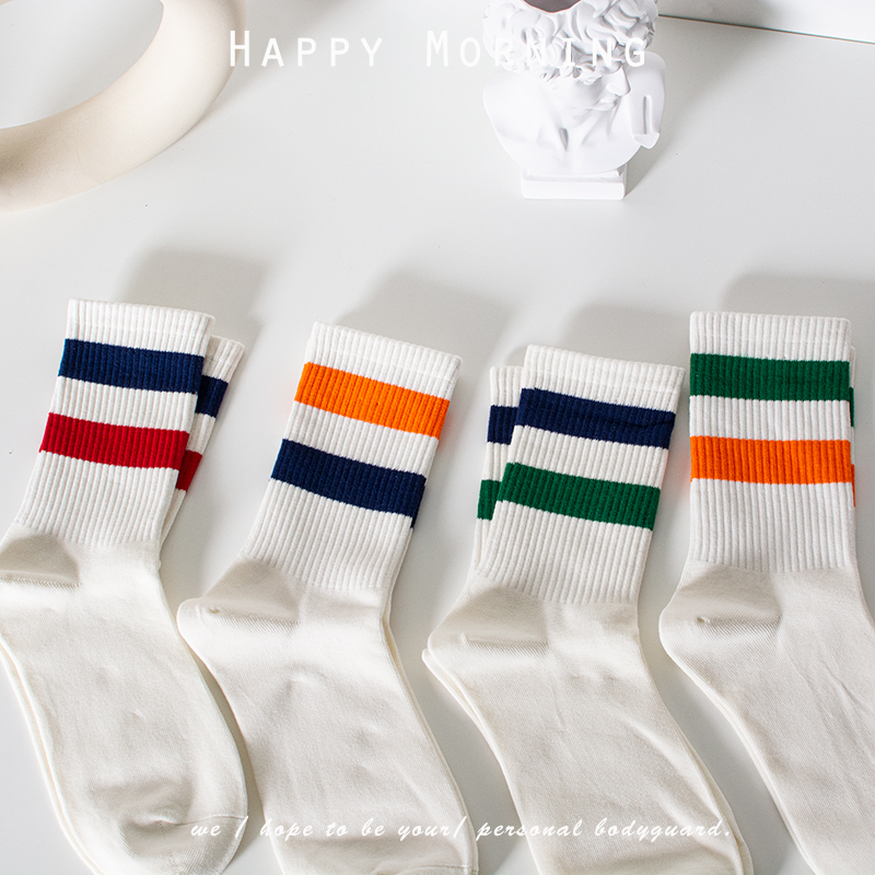 条纹撞色二杠滑板运动风无骨袜子