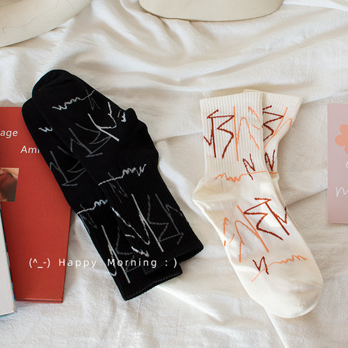 男女个性抽象线条中筒袜