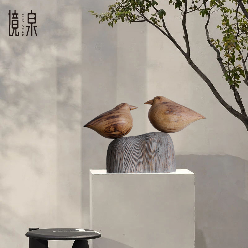 侘寂风原木样板房装饰品小鸟摆件