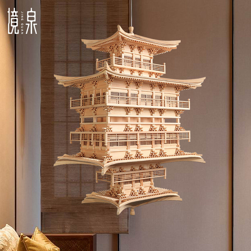 境泉金阁寺新中式禅意实木拼装古建筑模型酒店大堂售楼处空中吊饰