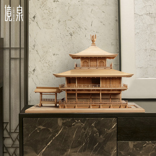 境泉金阁寺新中式禅意玄关古建筑模型摆件实木质软装饰工艺品定制