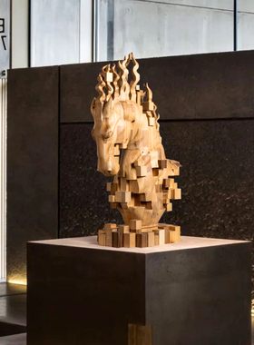 酒店大堂抽象像素马头雕塑摆件