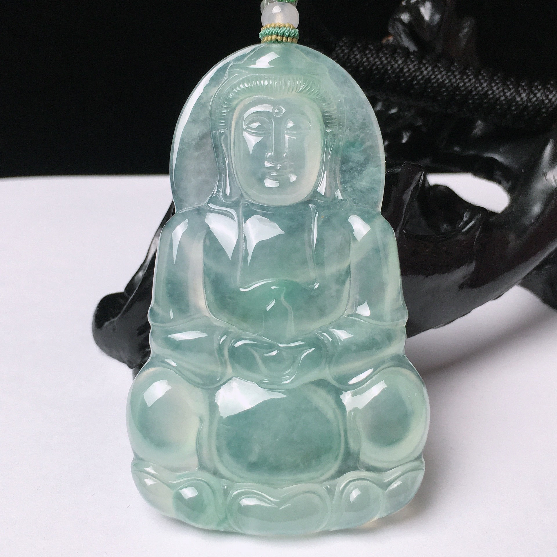 缅甸天然翡翠A货 高冰晴底观音吊坠