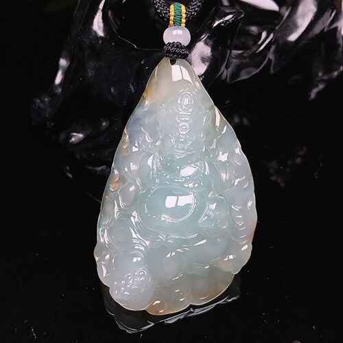 缅甸天然翡翠A货冰种飘黄翡黄财神吊坠