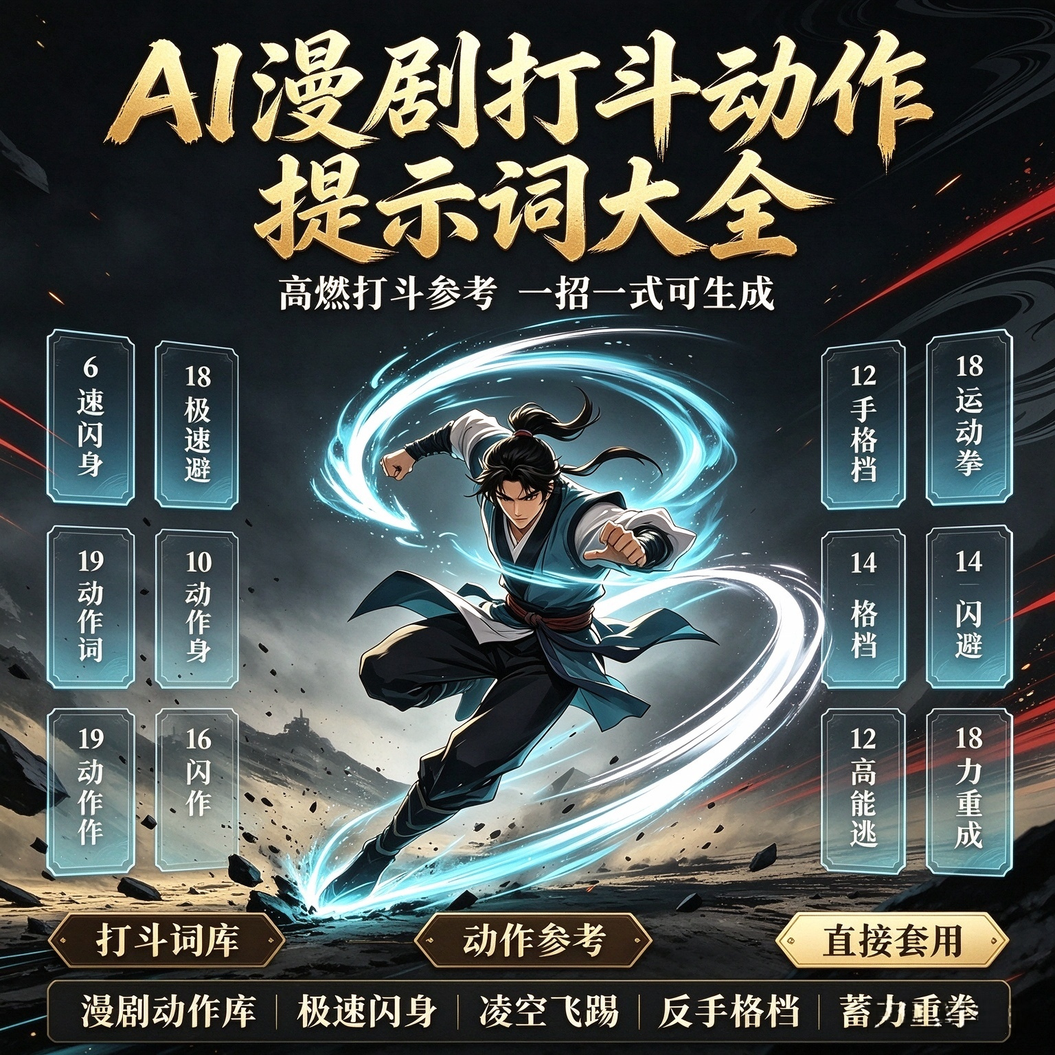 AI漫剧打斗动作提示词大全高燃武打姿态镜头绘画创作参考资料教程图片