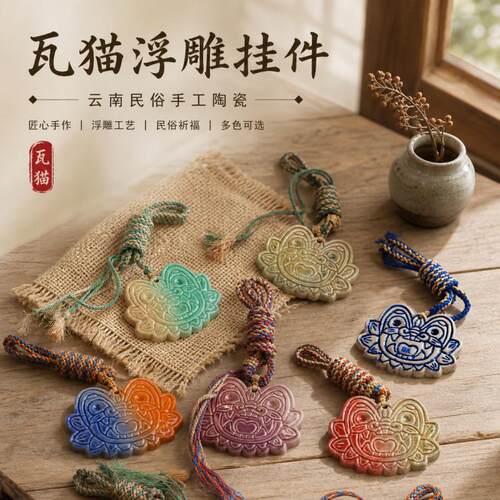 滇园文创 陶瓷瓦猫浮雕挂件云南特色伴手礼车载挂饰吊坠送朋友