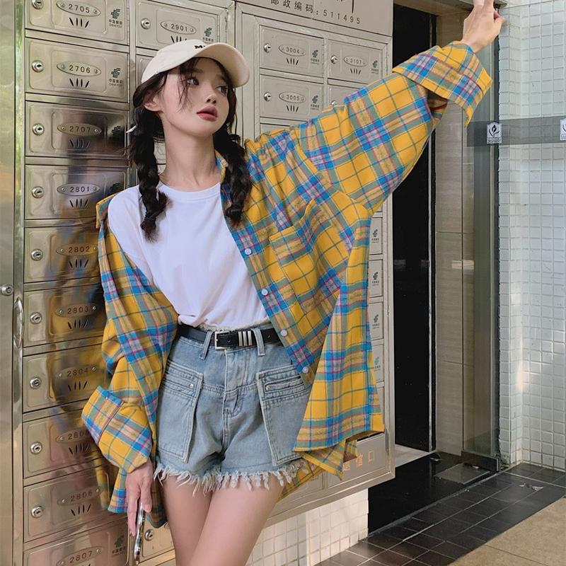 长袖美式复古黄色格子衬衫