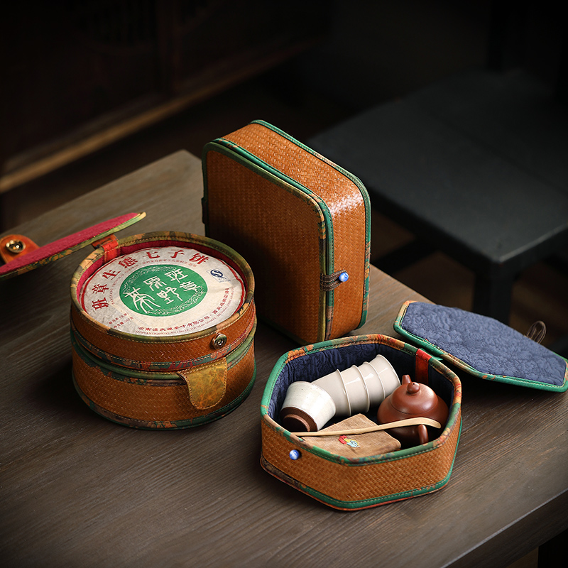竹编茶具茶杯旅行收纳盒家用普洱茶饼盒零食茶点带盖结婚糖果喜盒