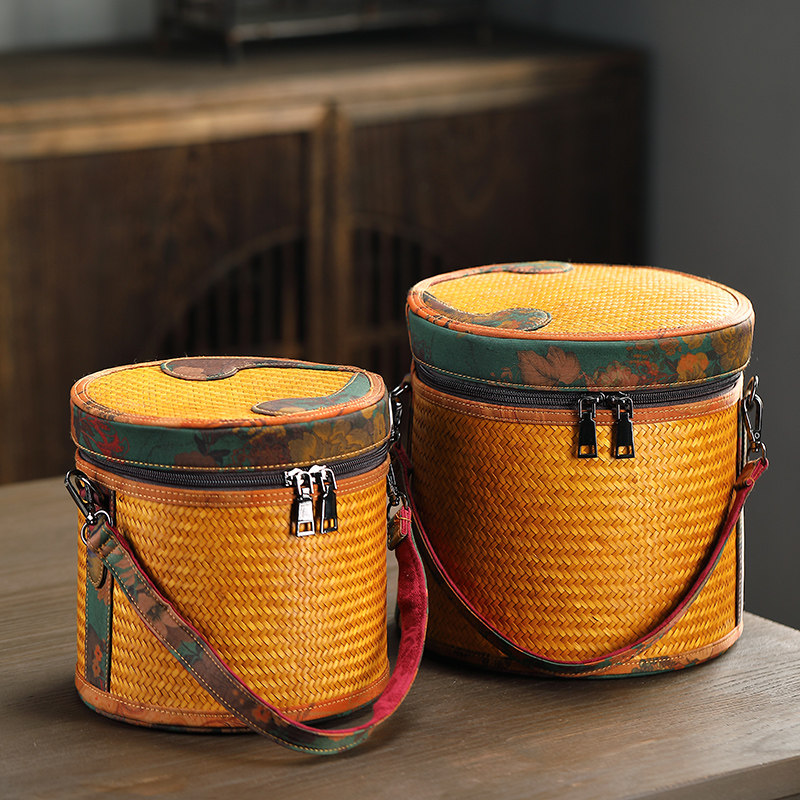 竹编手提篮普洱茶七子饼篮圆形竹编茶叶罐茶叶收纳盒提篮包装礼盒