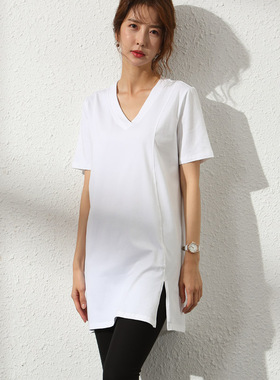 短袖t恤女V领中长款宽松纯棉开叉不规则上衣正肩半袖打底衫白色夏