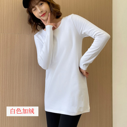 白色中长款长袖t恤女2025年秋冬纯棉宽松遮屁股加绒加厚打底衫