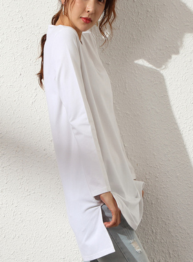 白色打底t恤女长款遮屁股长袖纯棉宽松内搭新款开衩大白体上衣