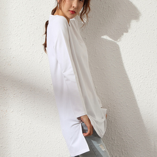开衩大白体上衣 纯棉宽松内搭新款 白色打底t恤女长款 遮屁股长袖