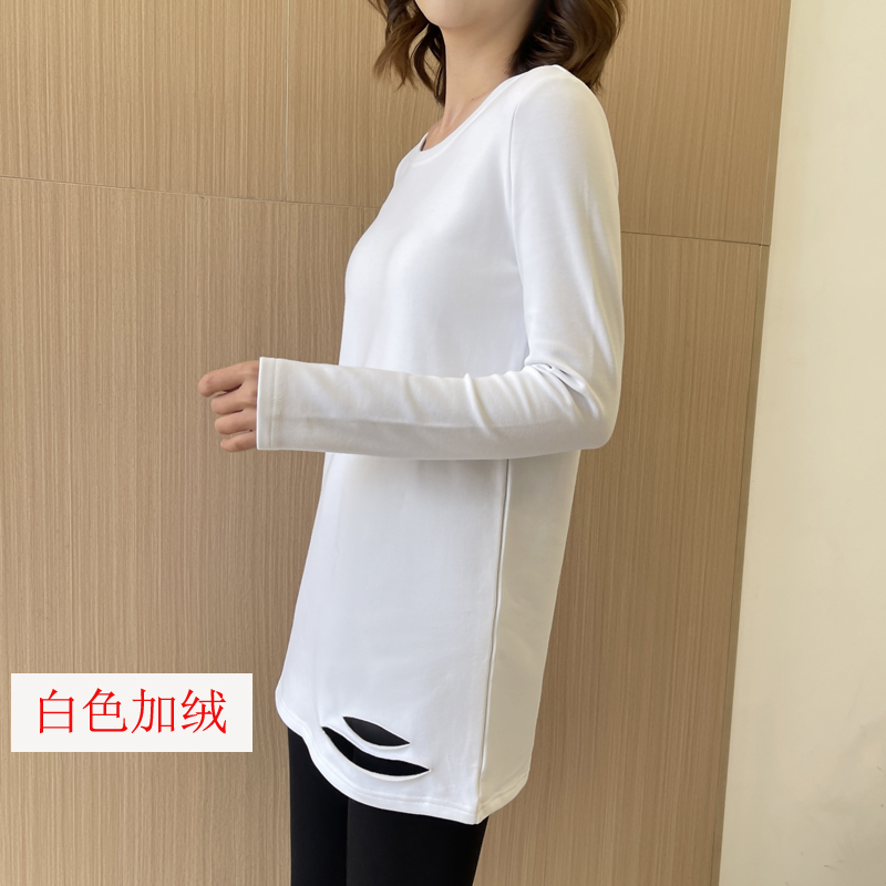 长袖t恤女破洞中长款纯棉2025年新款内搭宽松白色加绒加厚打底衫