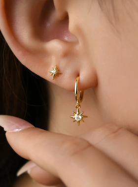 KNA珂娜「闪耀恒星」简约小钻星芒耳圈S925纯银耳钉女职场气质ins