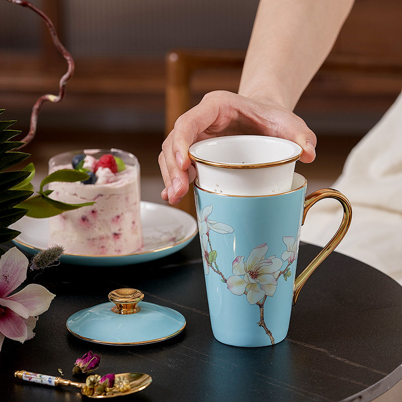 华光国瓷 骨瓷盖杯水杯泡茶杯 高颜值送礼带茶滤茶杯礼盒连连共生