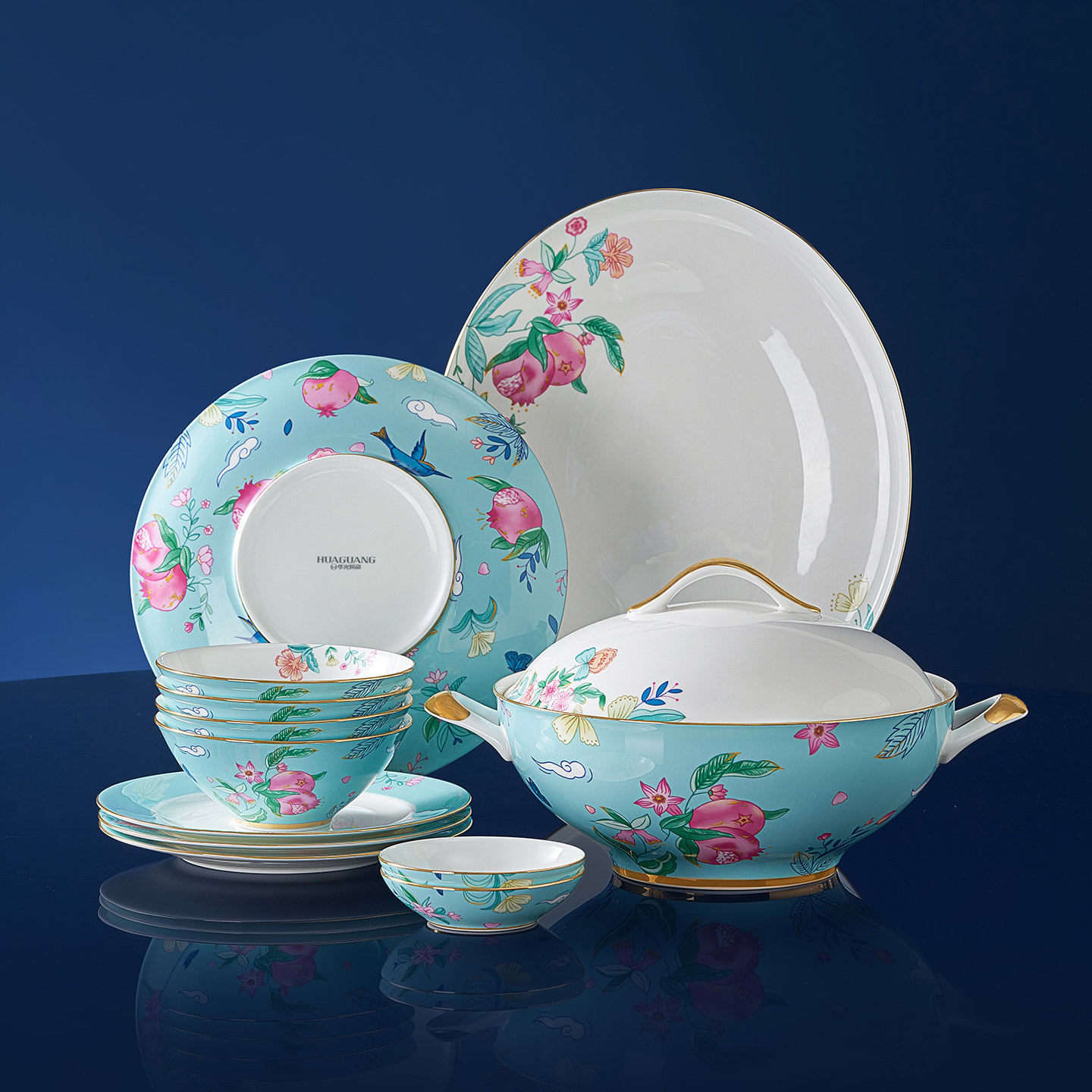 新品华光国瓷珐琅石榴高级轻奢骨瓷餐具套装中式送礼碗碟餐具套装