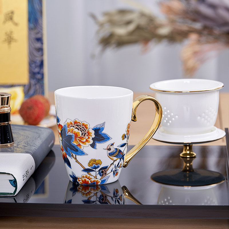 华光国瓷 骨瓷茶杯盖杯带茶漏水杯 中式高档送礼盖杯礼盒升升不息