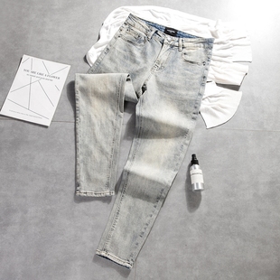 男复古水洗泥黄色韩版 新款 休闲弹力修身 秋季 潮 小脚裤 小脚牛仔长裤