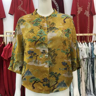 古玉轩8621 高档香云纱蝙蝠袖衬衫女小衫夏季新款妈妈真丝缎上衣