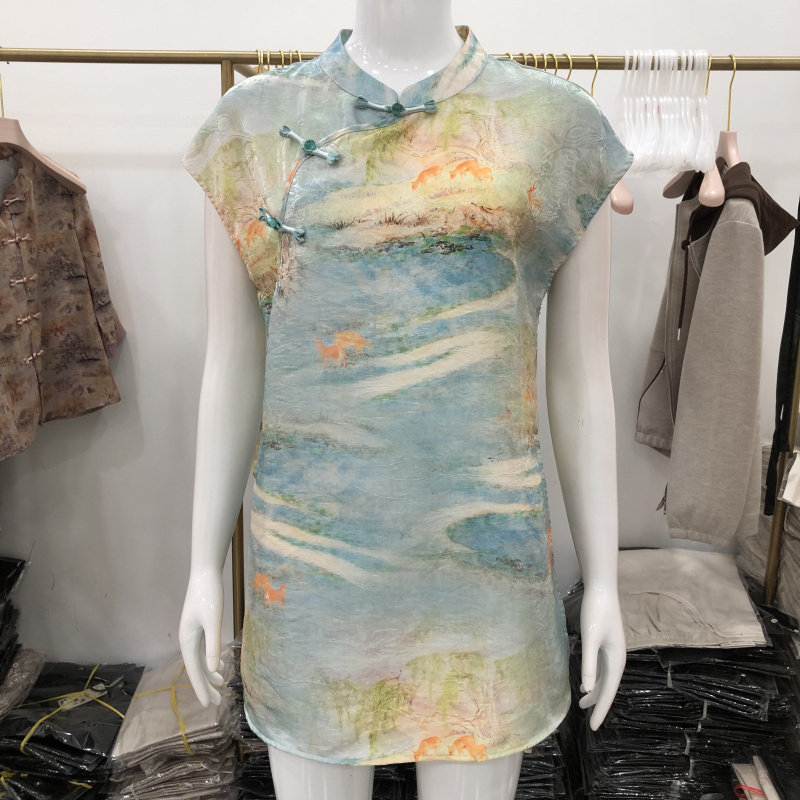 苏丝蔓8336 中年桑蚕丝旗袍裙女夏季新款妈妈真丝缎短袖中长上衣